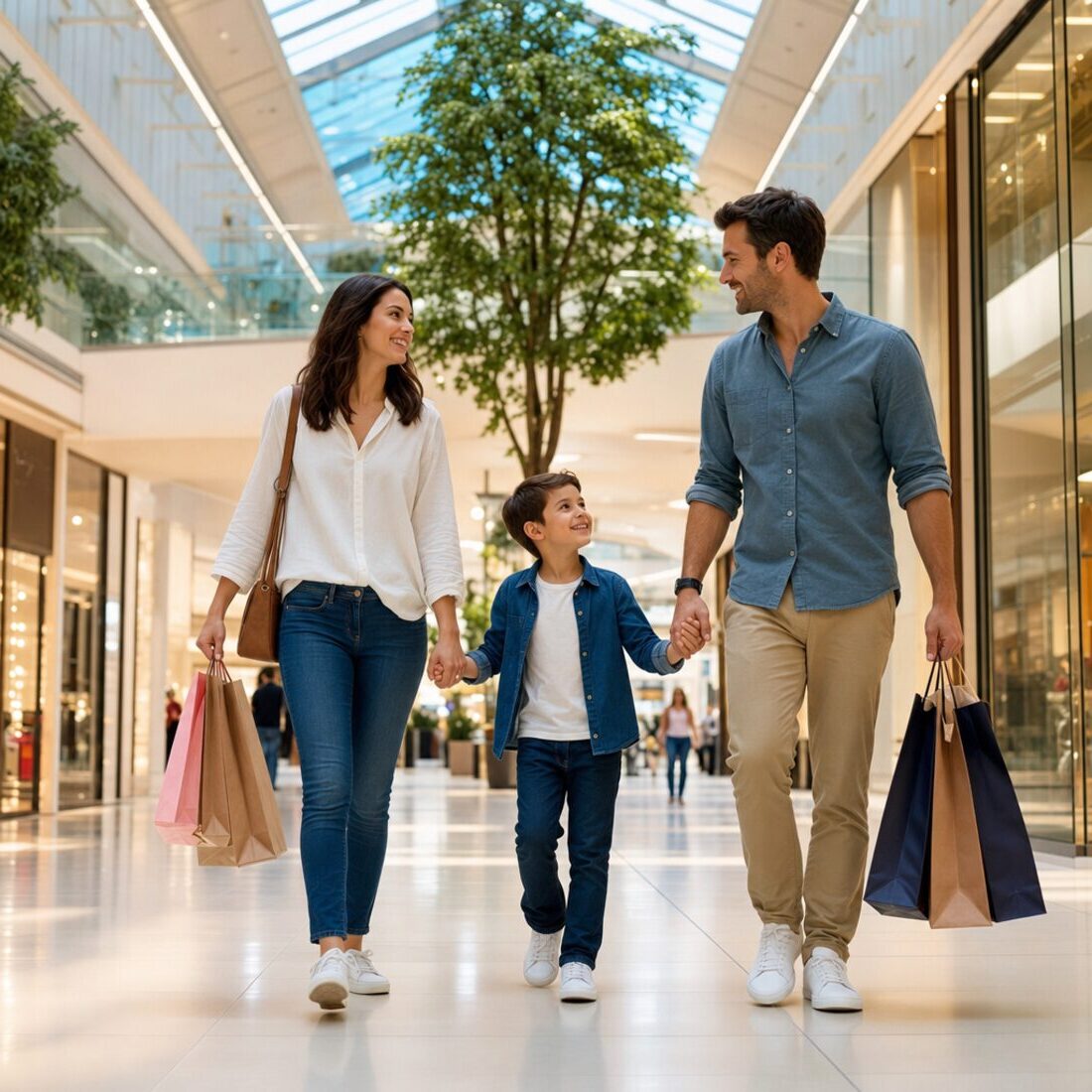 Family walking through a bright shopping mall