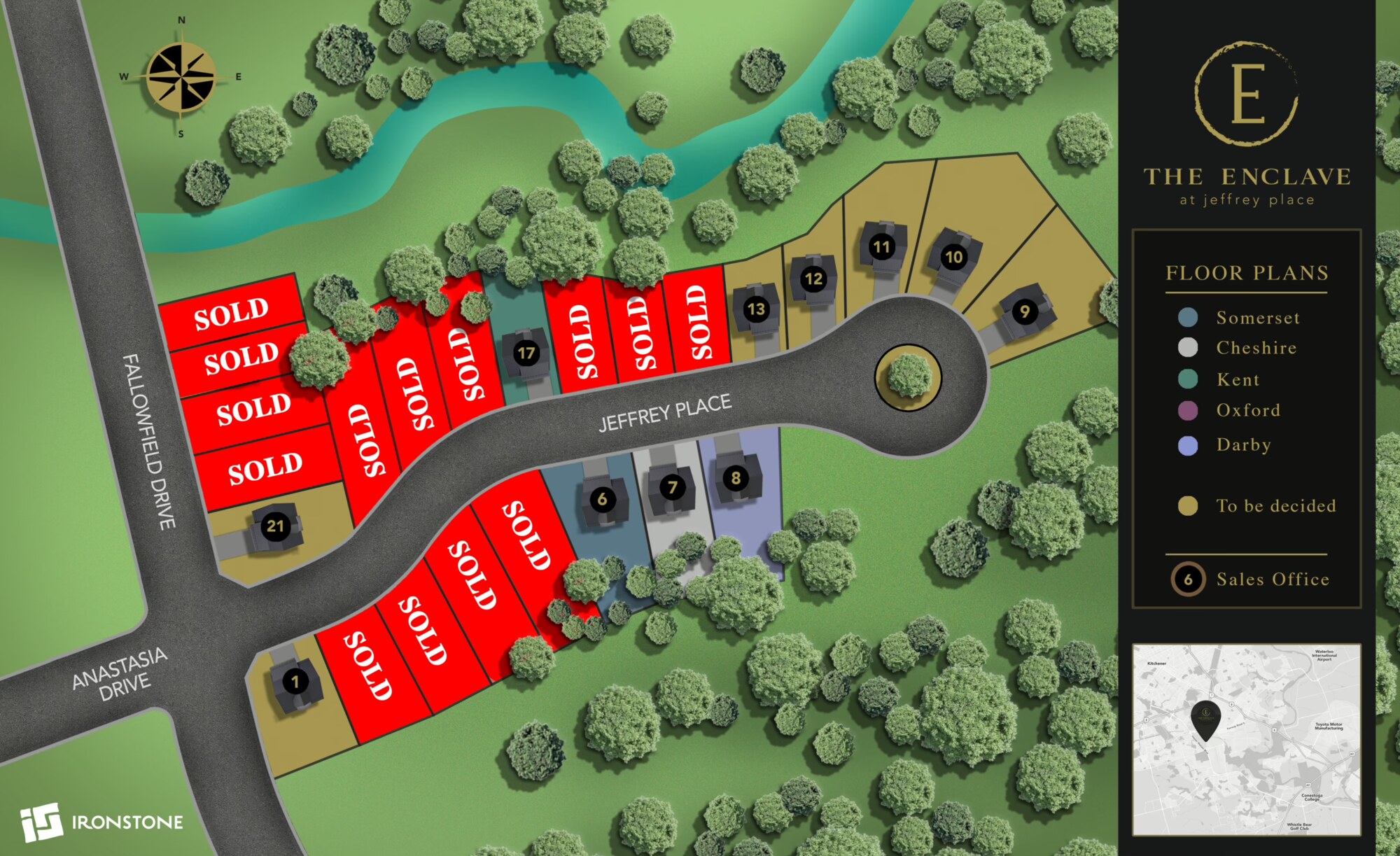 The Enclave at Jeffrey Place site plan showing the Jeffrey Place cul-de-sac off Fallowfield Drive, with floor plan legend, sales office at lot 6 and sold lots marked