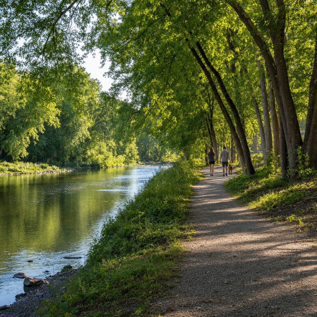 Walking trail along the Thames River beneath mature trees