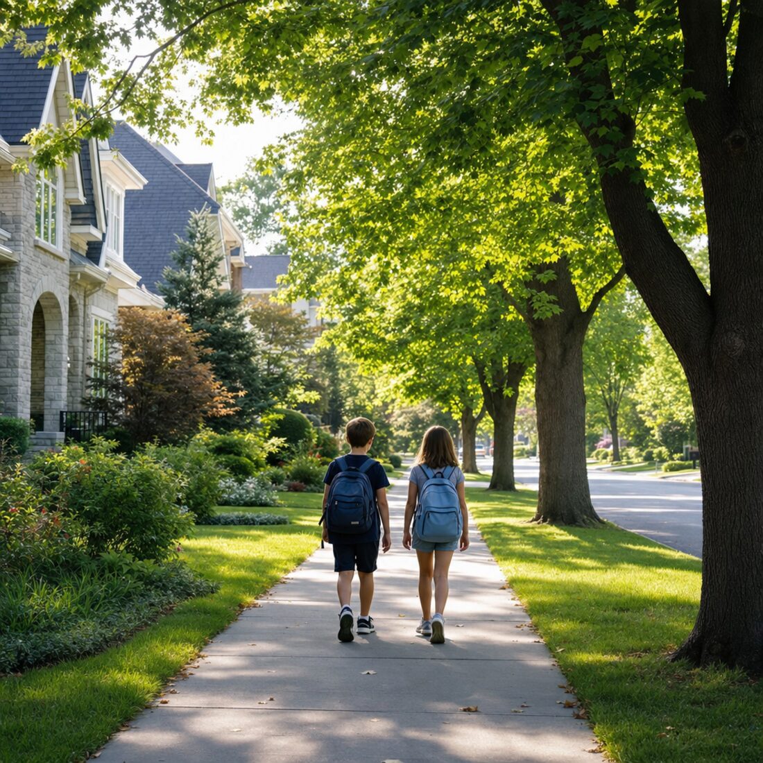 Kids with backpacks walking to school on a leafy suburban sidewalk