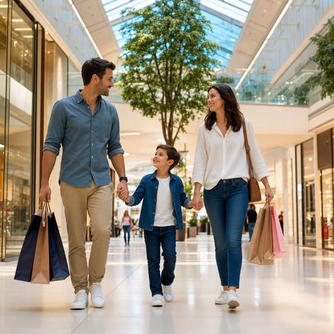 Family walking through a bright shopping mall