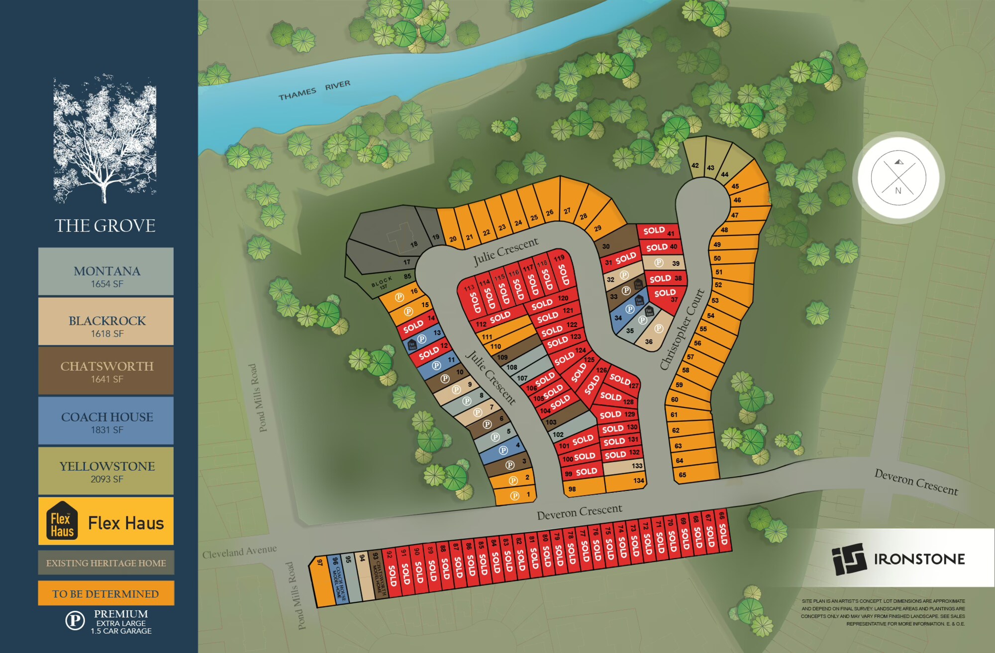 The Grove site plan showing lots along Julie Crescent, Christopher Court and Deveron Crescent by the Thames River, colour-coded by model with sold lots marked